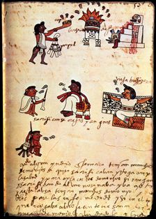 Codex of Tudela, 16th century. Offerings and sacrifices, Indian with a sahumador pouring copal... Creator: Unknown