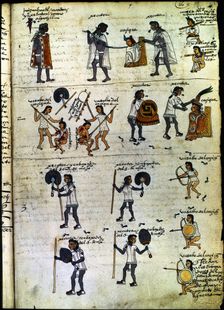 Codex Mendoza (1535 - 1550), hieroglyph depicting the execution and destruction of a rebel... Creator: Unknown