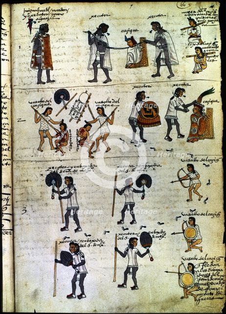 Codex Mendoza (1535 - 1550), hieroglyph depicting the execution and destruction of a rebel... Creator: Unknown.