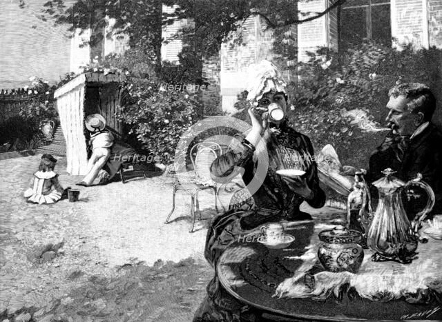 "Coffee on the Terrace", picture by Duez, in the New Salon, Paris, 1890.  Creator: Charles Baude.