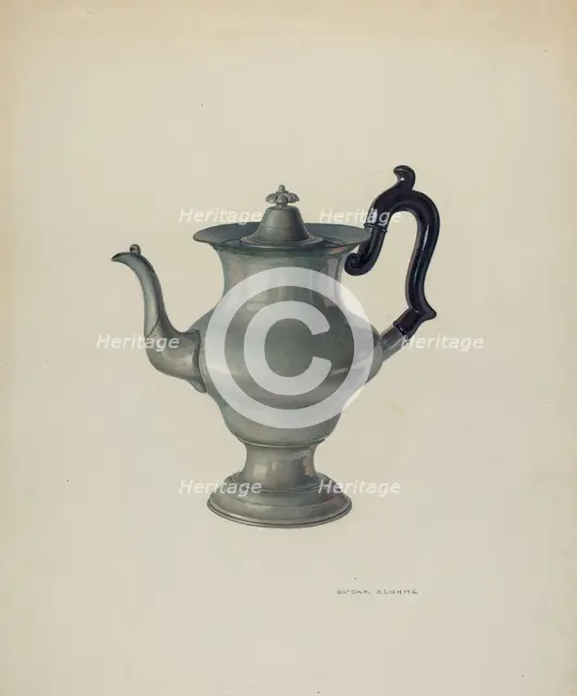 Coffee Pot, c. 1940. Creator: Oscar Bluhme.
