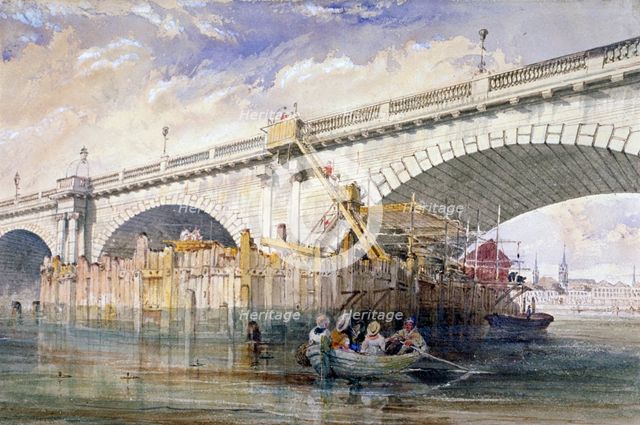 Coffer dam erected for repairing the pier of Blackfriars Bridge, London, c1870. Artist: Clarkson Stanfield
