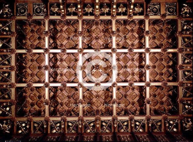 Coffered ceiling of the visits room on the first floor of the Güell Palace 1886-1890, designed by…