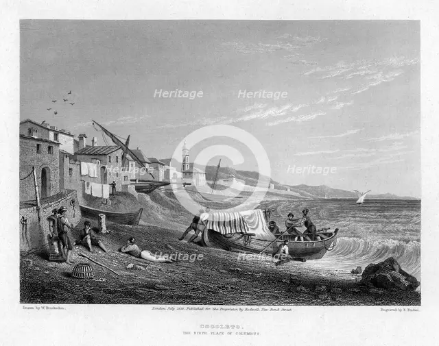 Cogoleto, the birth place of Columbus, Italy, 1828.Artist: E Finden