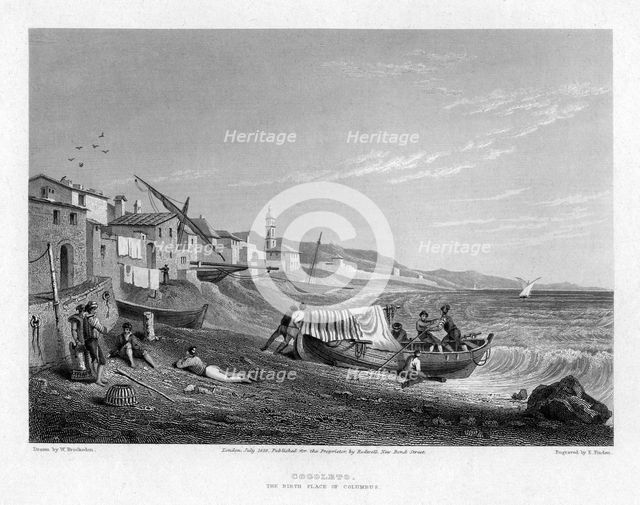 Cogoleto, the birth place of Columbus, Italy, 1828.Artist: E Finden