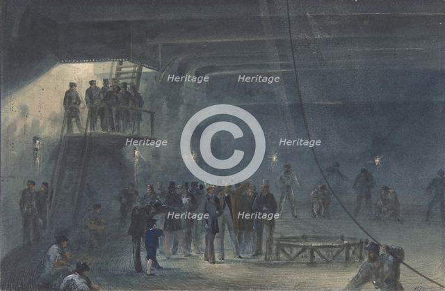 Coiling the Cable in the After-tank on Board the Great Eastern at Sheerness: Visit..., 1865-66. Creator: Robert Charles Dudley.
