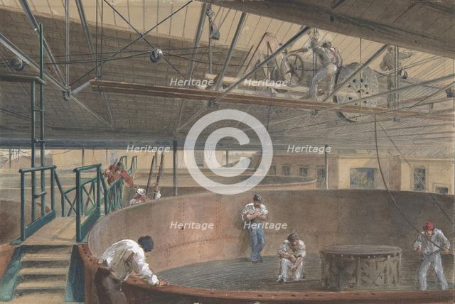 Coiling the Cable in the Large Tanks at the Works of the Telegraph Construction..., 1865, 1865. Creator: Robert Charles Dudley.