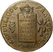 Coin 2 Sols. The National Convention period. Avers, Inscription: Les hommes sont tous égaux devant l