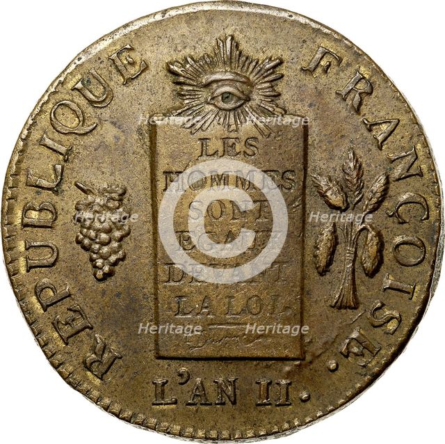 Coin 2 Sols. The National Convention period. Avers, Inscription: Les hommes sont tous égaux devant l