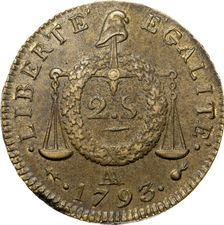Coin 2 Sols. The National Convention period. Revers, Inscription: Liberté Égalité, 1793