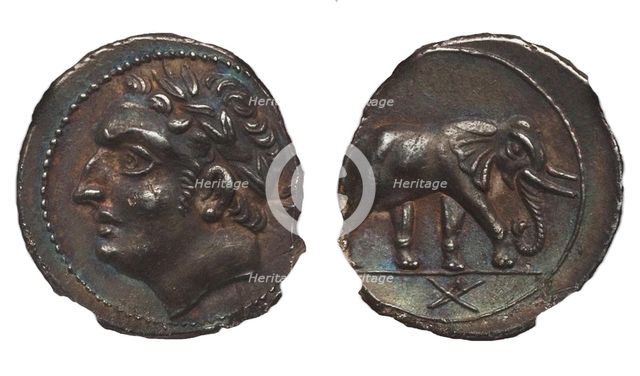 Coin of Hannibal Barca. Carthage. (Obverse: Hannibal, Reverse: Elephant), ca. 213-210 BC.