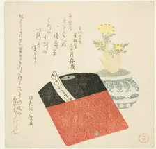 Coin Pouch and Potted Adonis, Japan, c. 1802. Creator: Kubo Shunman