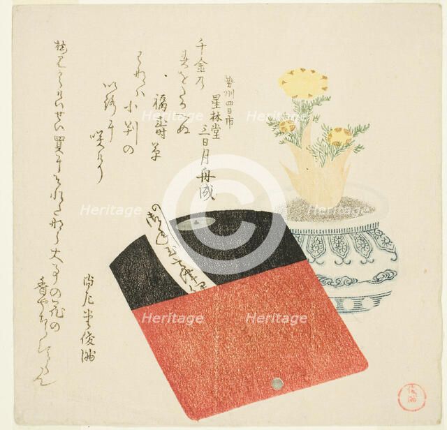 Coin Pouch and Potted Adonis, Japan, c. 1802. Creator: Kubo Shunman.