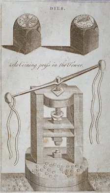 Coining press and dies from the Tower of London, 1800. Artist: Anon