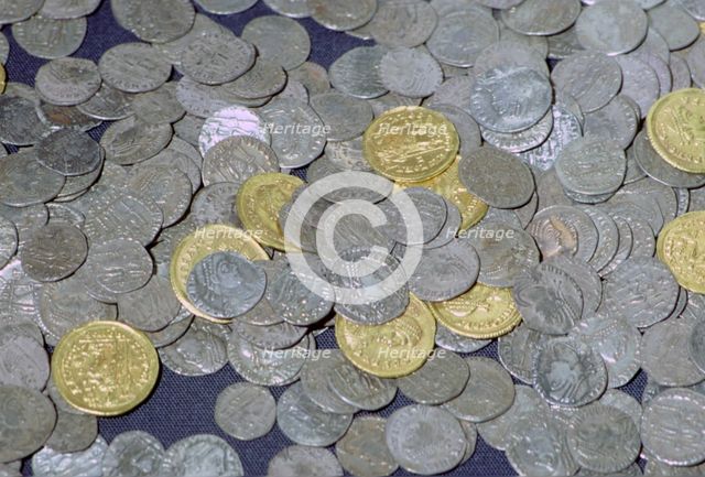 Coins from the Hoxne hoard, Roman Britain, buried in the 5th century. Artist: Unknown