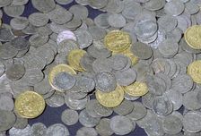 Coins from the Hoxne hoard, Roman Britain, buried in the 5th century