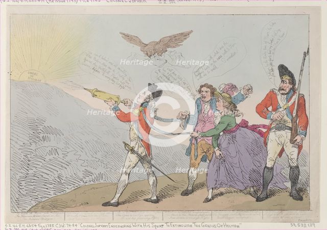 [Col. Topham Endeavoring with his Squirt to Extinguish the Genius of Holman], O..., October 5, 1785. Creator: Thomas Rowlandson.