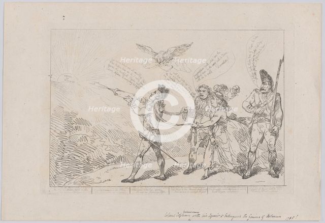 [Col. Topham Endeavouring, With His Squirt, to Extinguish the Genius of Holma..., December 10, 1784. Creator: Thomas Rowlandson.