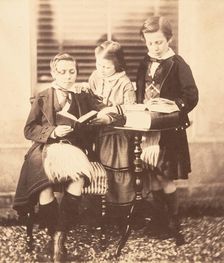 Colin and Horatio Ross Reading with Jessie Macrae, ca. 1858. Creator: Horatio Ross