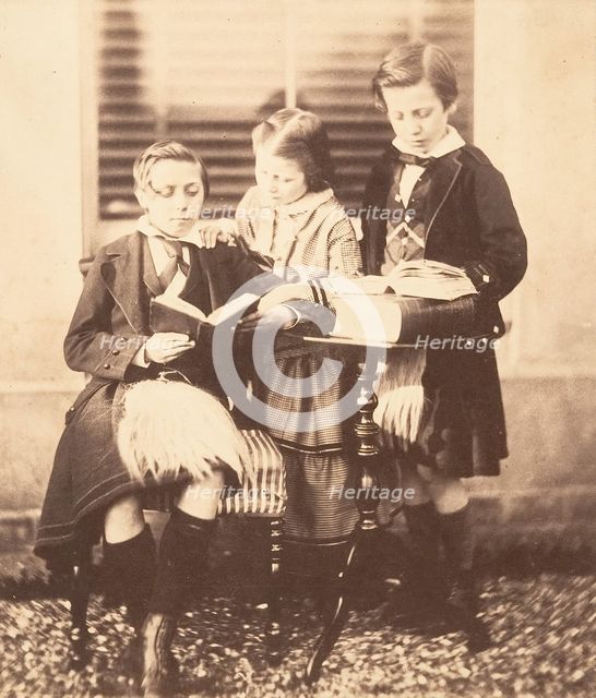 Colin and Horatio Ross Reading with Jessie Macrae, ca. 1858. Creator: Horatio Ross.