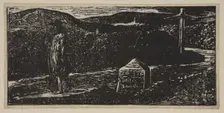 Colinet's Journey: Milestone Marked LXII Miles to London from Thornton's Pastorals of V..., 1821. Creator: William Blake