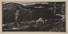 Colinet's Journey: Milestone Marked LXII Miles to London from Thornton's Pastorals of V..., 1821. Creator: William Blake