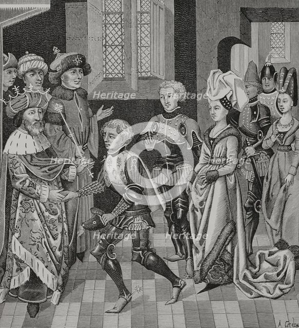 Coloman, (1070-1116), King of Hungary receiving Walter Sans Avoir..., 15th century (1877).  Creator: Unknown.
