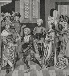 Coloman, (1070-1116), King of Hungary receiving Walter Sans Avoir..., 15th century (1877). Creator: Unknown