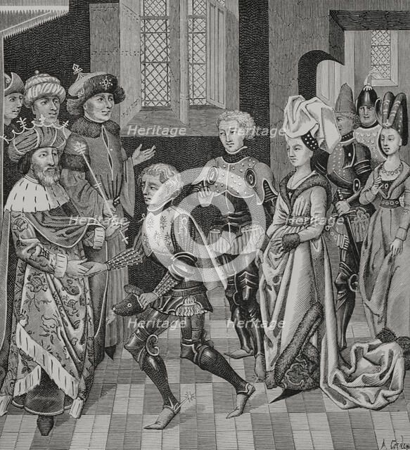 Coloman, (1070-1116), King of Hungary receiving Walter Sans Avoir..., 15th century (1877).  Creator: Unknown.