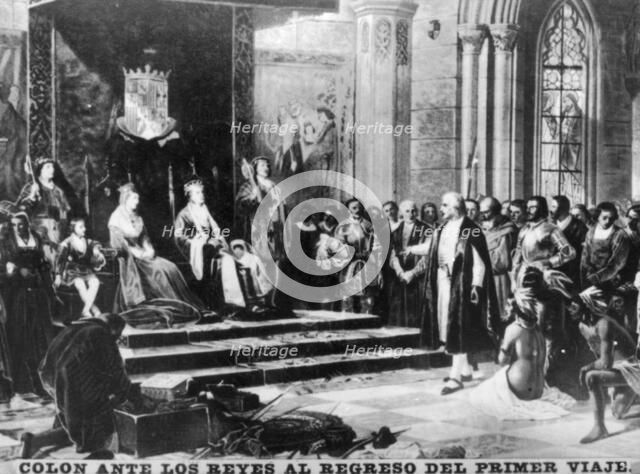 Colombus returns from his first trip,  (15th century), 1920s. Artist: Unknown