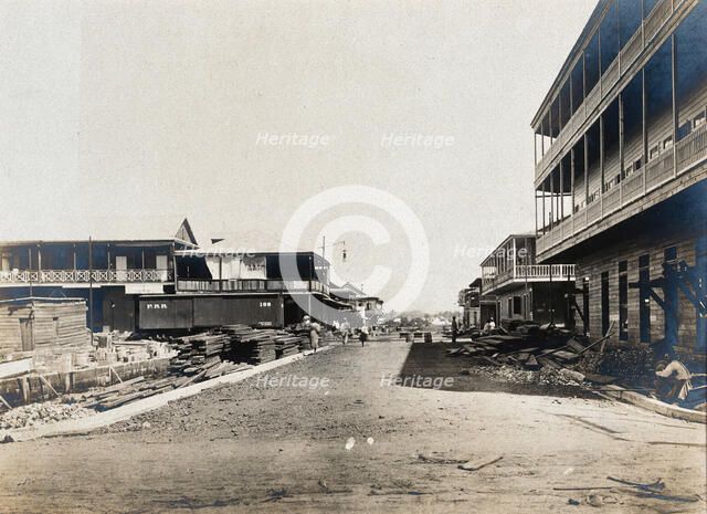 Colón, Panama; street with building works in progress, 1907. Creator: Unknown.
