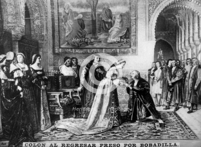 Colon returning to Spain as a prisoner, (16th century), 1920s. Artist: Unknown.