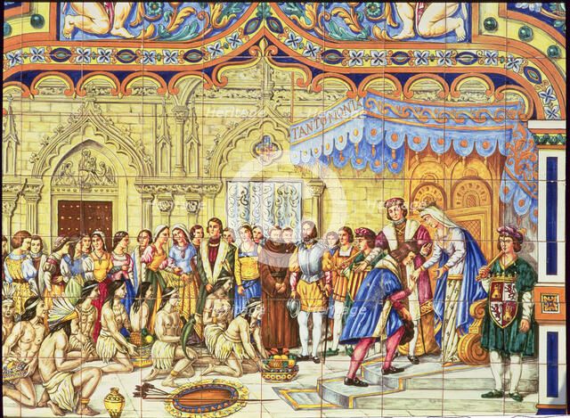 Colon received by the Catholic Kings after their first trip to Barcelona' tile panel located in t…