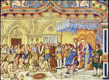 Colon received by the Catholic Kings after their first trip to Barcelona tile panel located in t…