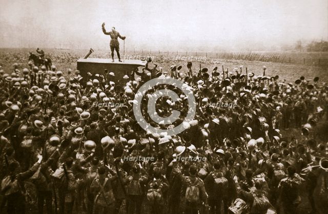 Colonel and men of the 9th East Surrey Regiment cheering the King, France, 12 November, 1918. Creator: Unknown.