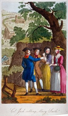 Colonel Jack, the highwayman, robbing Mary Smith on her way to Kentish Town, London, c1750. Artist: Anon