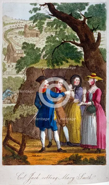 Colonel Jack, the highwayman, robbing Mary Smith on her way to Kentish Town, London, c1750. Artist: Anon