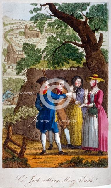 Colonel Jack, the highwayman, robbing Mary Smith on her way to Kentish Town, London, c1750. Artist: Anon