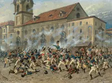 Colonel Karl Freiherr von Ditfurth (1774-1809) fighting the Tyroleans in front of..., April 12, 1809 Creator: Braun, Louis (1836-1916)