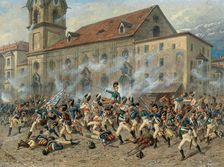 Colonel Karl Freiherr von Ditfurth (1774-1809) fighting the Tyroleans in front of..., April 12, 1809 Creator: Braun, Louis (1836-1916)