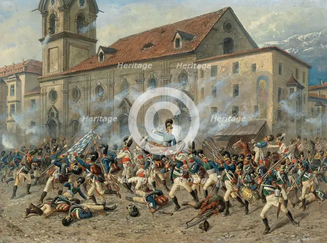 Colonel Karl Freiherr von Ditfurth (1774-1809) fighting the Tyroleans in front of..., April 12, 1809 Creator: Braun, Louis (1836-1916).