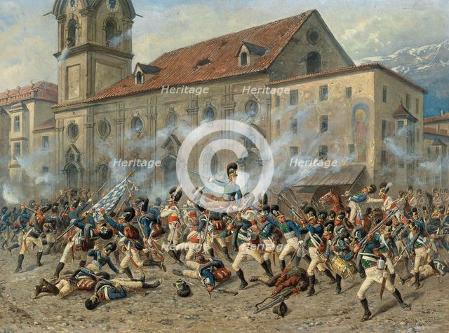 Colonel Karl Freiherr von Ditfurth (1774-1809) fighting the Tyroleans in front of..., April 12, 1809 Creator: Braun, Louis (1836-1916).