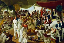 Colonel Mordaunt watching a cock fight at Lucknow India, 1790. Artist: Johan Zoffany