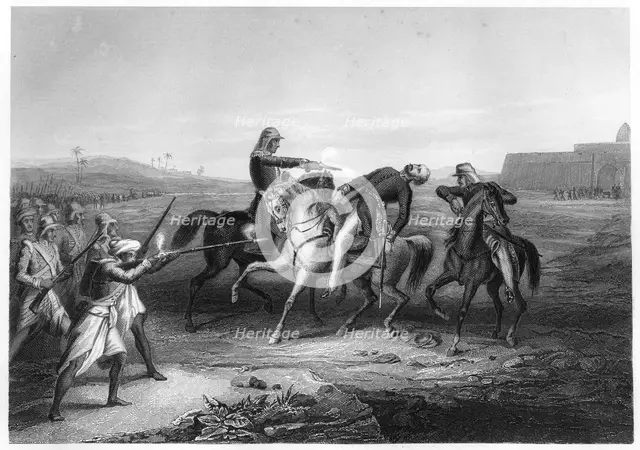 Colonel Platt killed by the mutineers at Mhow, c1860. Artist: Unknown