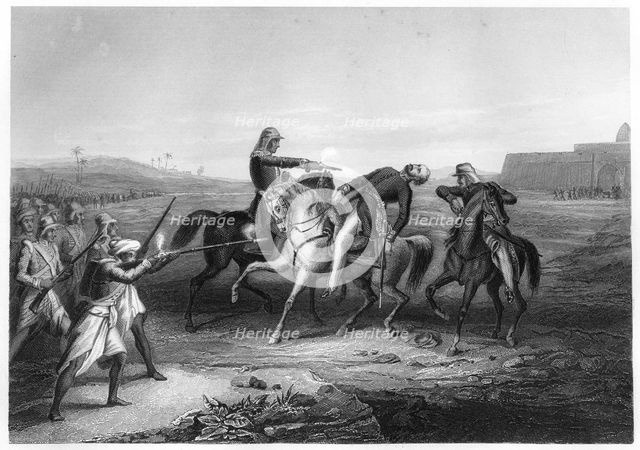 Colonel Platt killed by the mutineers at Mhow, c1860. Artist: Unknown