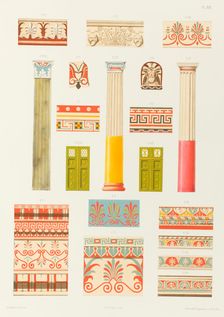Colonnes, pilastre, ornements, portes, cymaises, antéfixe et fragments de Pompéi, de la..., 1851. Creator: Franz Kellerhoven