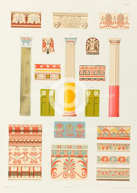Colonnes, pilastre, ornements, portes, cymaises, antéfixe et fragments de Pompéi, de la..., 1851. Creator: Franz Kellerhoven.