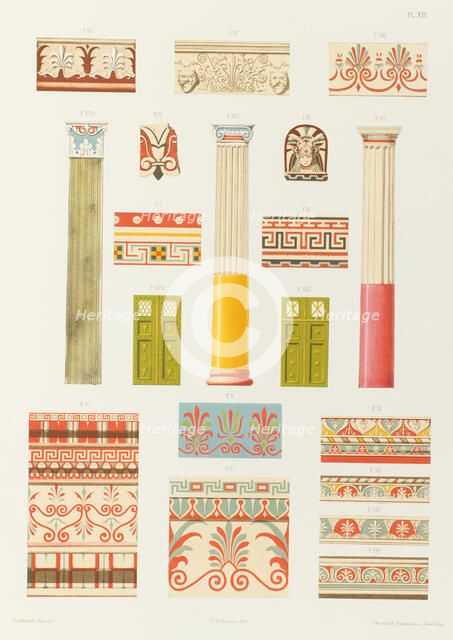 Colonnes, pilastre, ornements, portes, cymaises, antéfixe et fragments de Pompéi, de la..., 1851. Creator: Franz Kellerhoven.