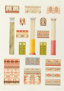 Colonnes, pilastre, ornements, portes, cymaises, antéfixe et fragments de Pompéi, de la..., 1851. Creator: Franz Kellerhoven
