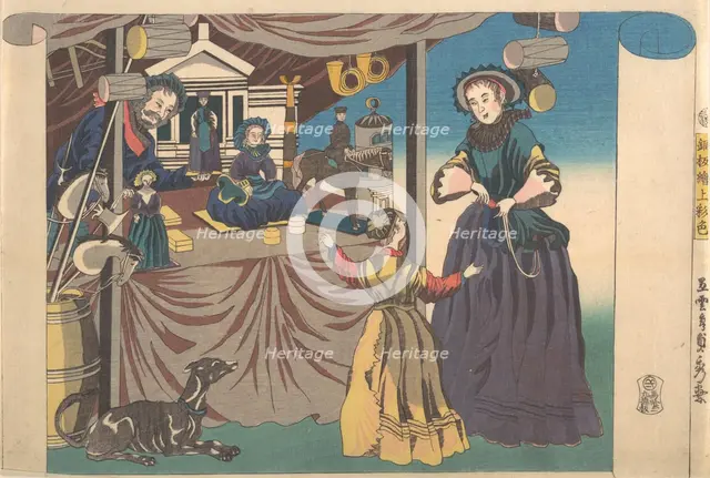 Color Print of a Copperplate Picture of a Toy Shop, 1860. Creator: Sadahide Utagawa.